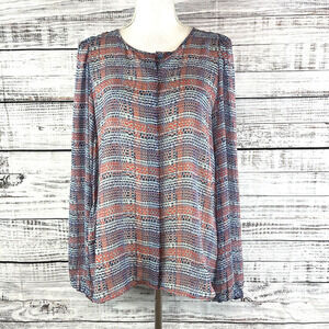 BCBG Max Azria Blouse Tunic size Medium Blue Red Silk Career Modest Church Slim